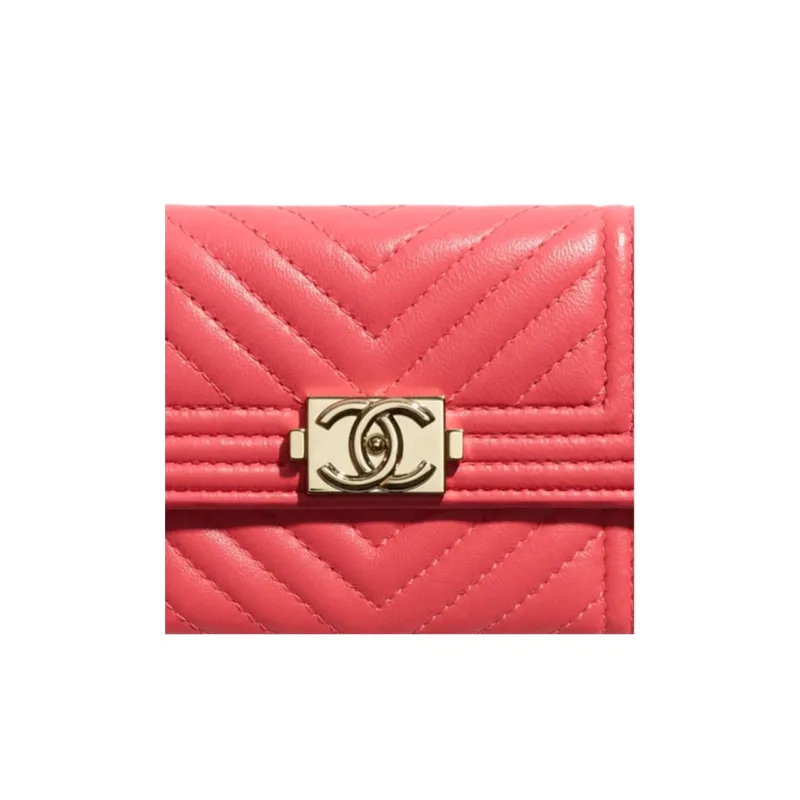 CHANEL Leboy Grain Embossed Calfskin Flap Wallet Card Holder Women's Pink-3