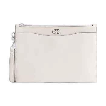 COACH Wristlet Canvas With Cross-Stitch Leather Wrist Bags Clutches Large Size Women's Ivory Gray