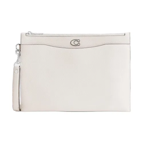 COACH Wristlet Canvas With Cross-Stitch Leather Wrist Bags Clutches Large Size Women's Ivory Gray