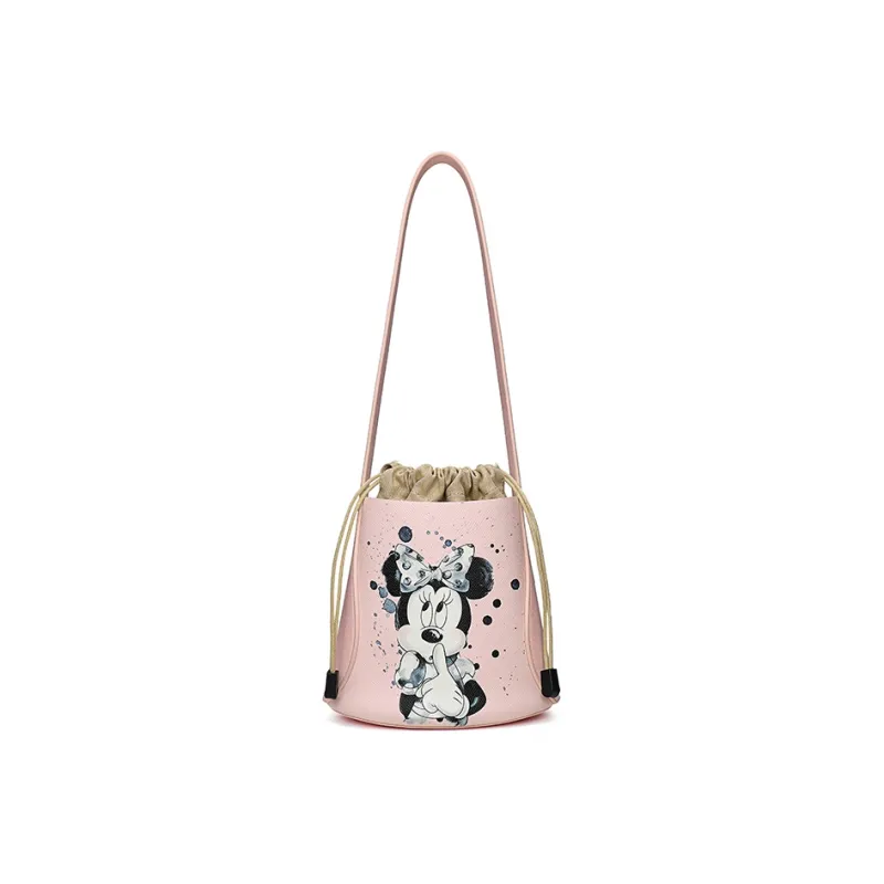 Disney Minnie Series PU Leather Round Bucket Bag Crossbody Bag Shoulder Bag Women's Pink Yellow Green-1