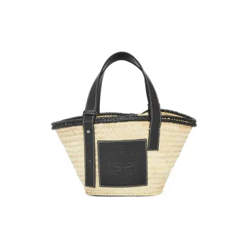 LOEWE Basket Palm Leaf With Calfskin Vacation Bag Handbag Small Size Women's Black/Natural