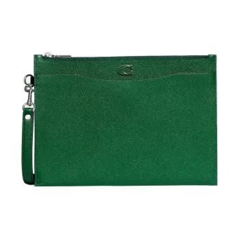 COACH Wristlet Canvas With Cross Grain Leather Wrist Bag Clutch Large Size Women's Green