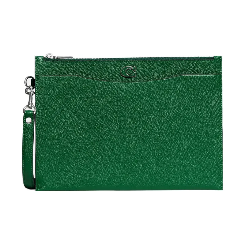 COACH Wristlet Canvas With Cross Grain Leather Wrist Bag Clutch Large Size Women's Green-0