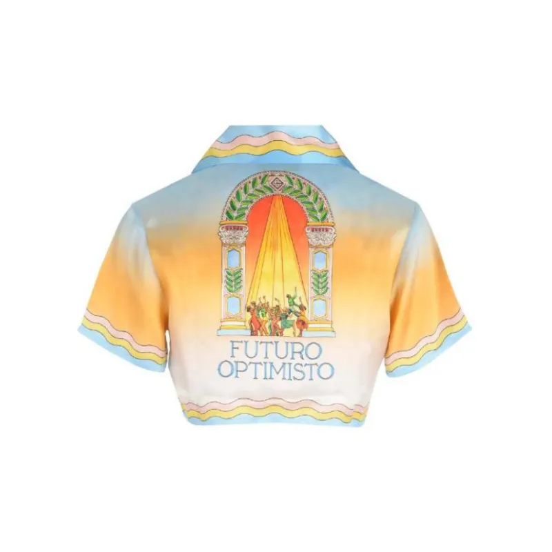 CASABLANCA Cuban Collar Cropped Silk Short-Sleeve Shirt 'La Danse'-1