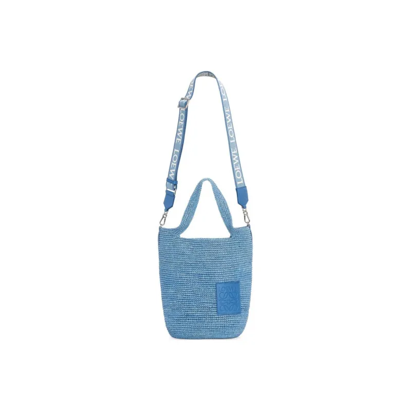 LOEWE Slit Raffia Fiber Cow Leather Patchwork Handbag Shoulder Bag Crossbody Bag Mini Women's Denim Blue-2