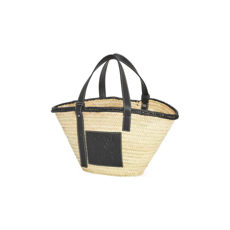 LOEWE Basket Palm Leaf With Calfskin One Shoulder Handbags Large Size Women's Black/Natural-1