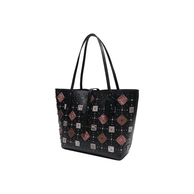 COACH Market Tote Pebbled Leather Tote Bag Shopping Bag Shoulder Bag Handbag Large Size Women's Black-1