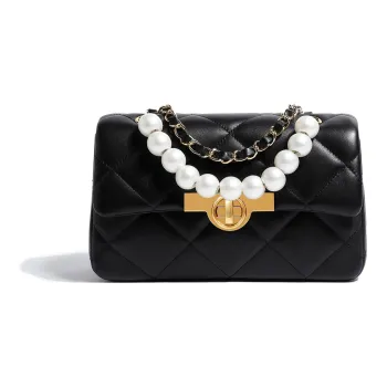 Miss Kung Sheepskin Chain Bag, Pearl Bag, Small Square Bag, One Shoulder Handbag Medium Size Women's Black