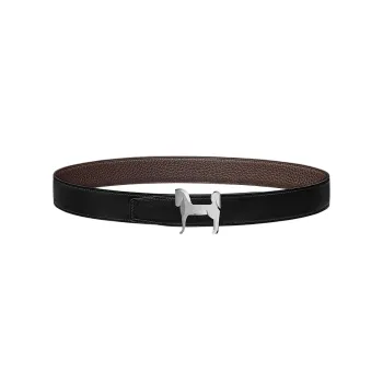 HERMES Emblem Pattern Silver Buckle Togo Calfskin Double Sided Leather Leather Belts Unisex Black Width  3.2cm