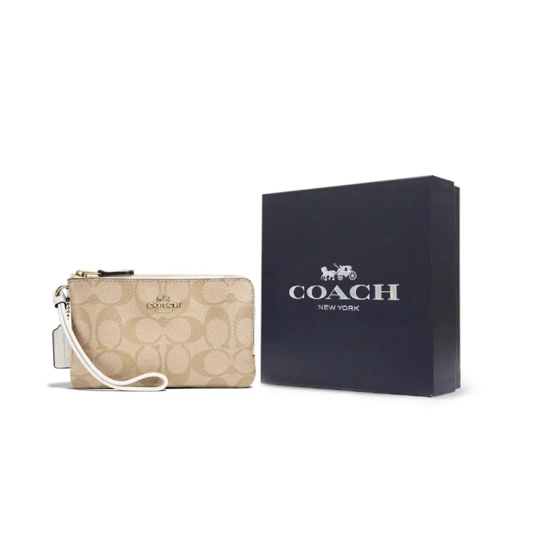 COACH Corner Zip Coated Canvas Mahjong Themed Wrist Bags And Clutches Small Size Women's Light Khaki & White-4