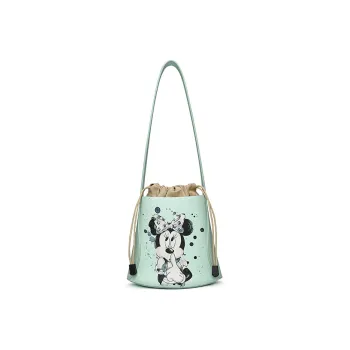 Disney Minnie Series PU Leather Round Bucket Bag Crossbody Bag Shoulder Bag Women's Pink Yellow Green