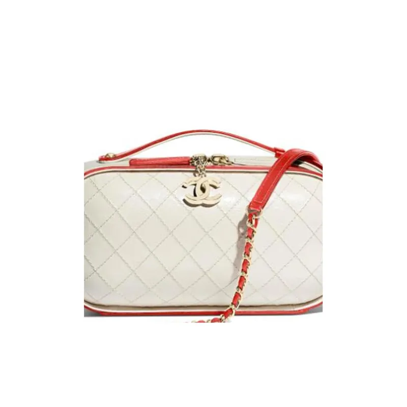 CHANEL Cow Leather Makeup Bag, Handbag, Shoulder Bag, Crossbody Bag Women's Red/White-3
