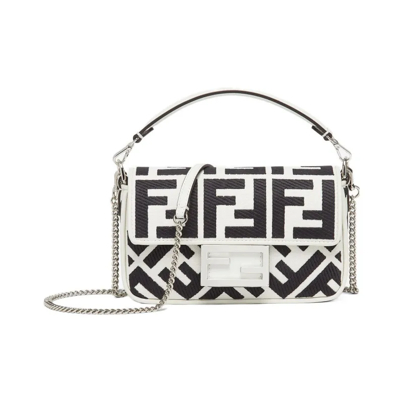 FENDI Baguette Canvas Canvas Bag Portable Crossbody Bag Shoulder Bag Mini Women's White/Black-0