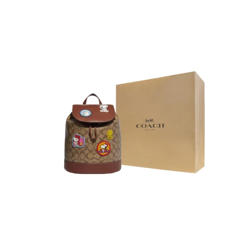 COACH Peanuts Snoopy Collaboration Dempsey Canvas With Leather Backpack Medium Size Men's Khaki & Red Wood Color-5