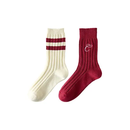 Caramella 2팩 ASOR Claret 도톰한 실 양말 여성 크루 삭스