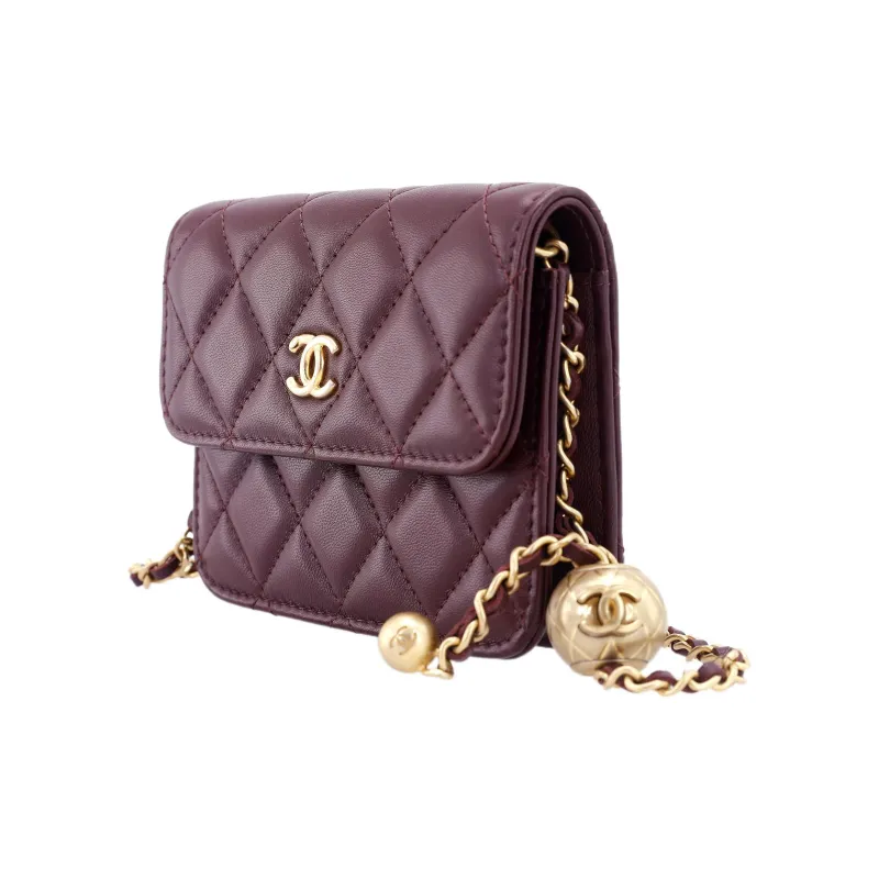CHANEL Sheepskin Shoulder Bag, Crossbody Bag, Fanny Pack, Coin Purse Women's Burgundy-2