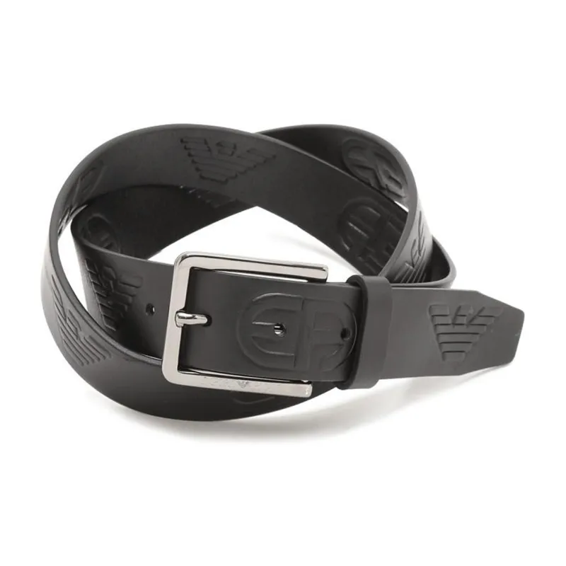 EMPORIO ARMANI Wrinkle EA Logo Pin Buckle Cow Leather Belts Men's Black Width 3.5CM-1