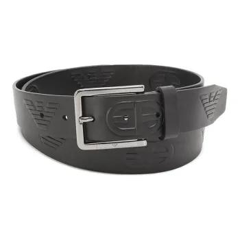 EMPORIO ARMANI Wrinkle EA Logo Pin Buckle Cow Leather Belts Men's Black Width 3.5CM