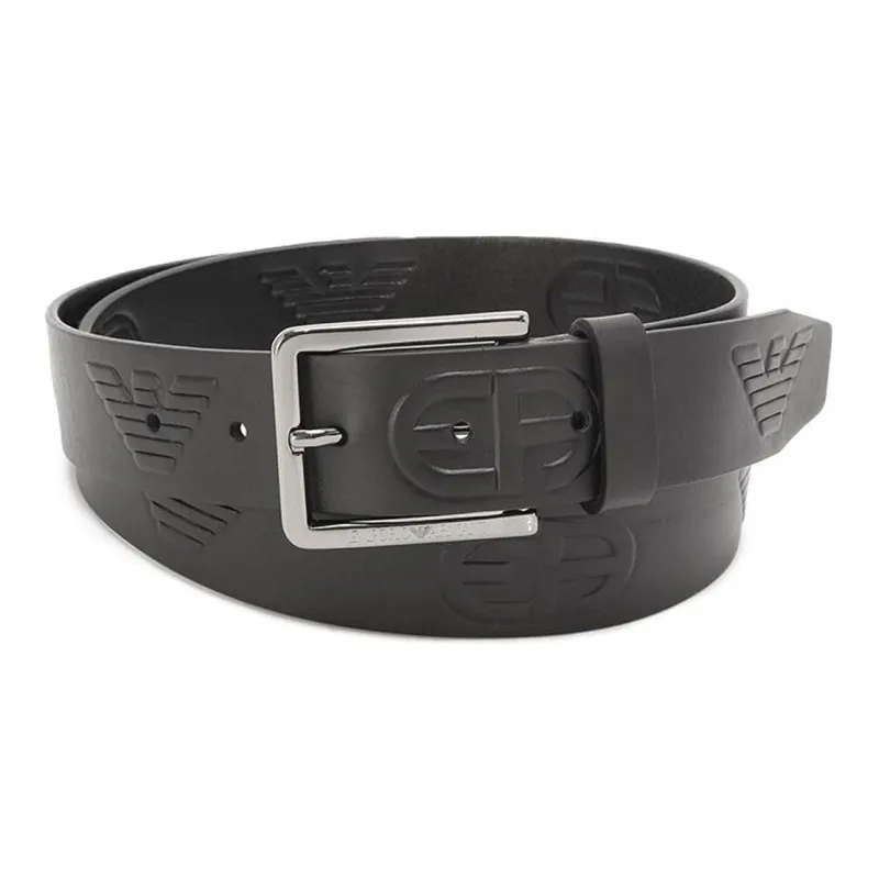 EMPORIO ARMANI Wrinkle EA Logo Pin Buckle Cow Leather Belts Men's Black Width 3.5CM-0