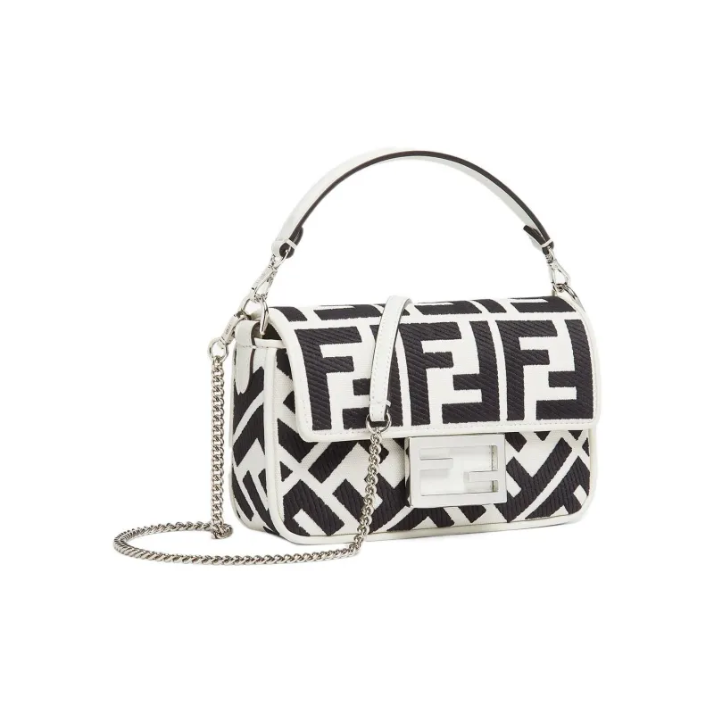 FENDI Baguette Canvas Canvas Bag Portable Crossbody Bag Shoulder Bag Mini Women's White/Black-1