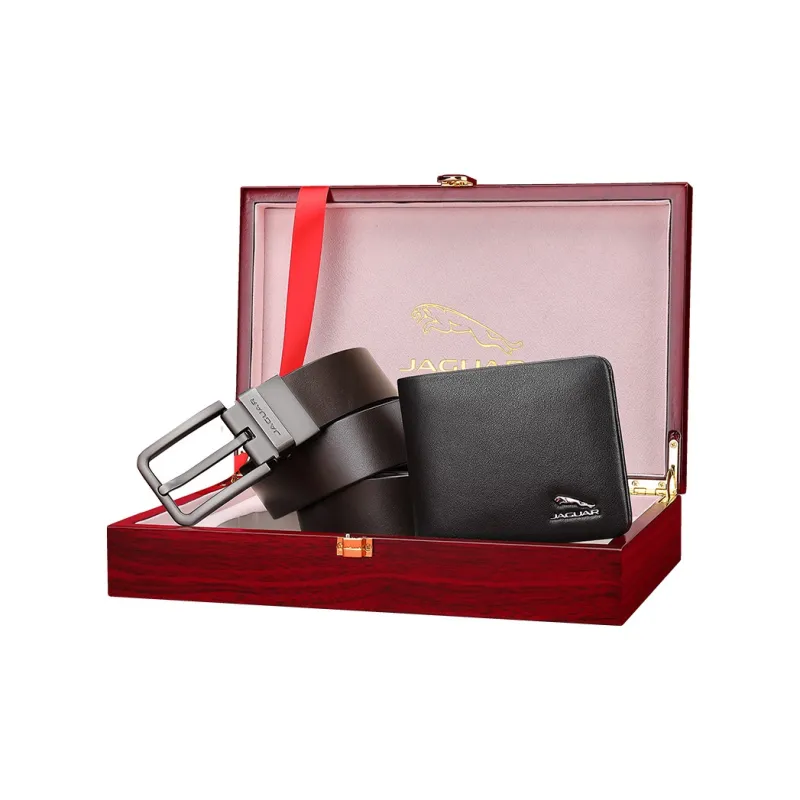 JAGUAR Leather Belts Men Black Belt+Wallet, Gift Box Set-2