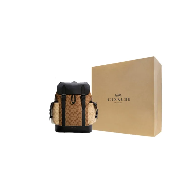 COACH Hudson Canvas With Leather Backpack Medium Size Men's Khaki Brown & Black-5