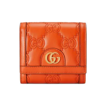 GUCCI Quilting Leather Card Holder Wallet Women's Orange