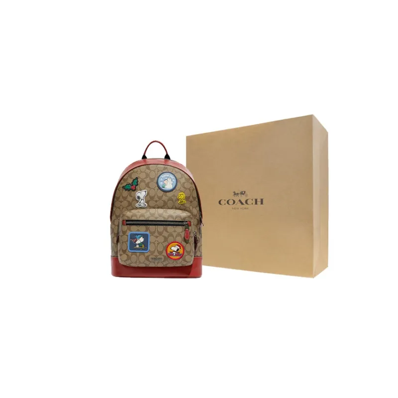 COACH PEANUTS Collaboration West Coated Canvas With Calfskin Backpack Large Size Women's Khaki-5