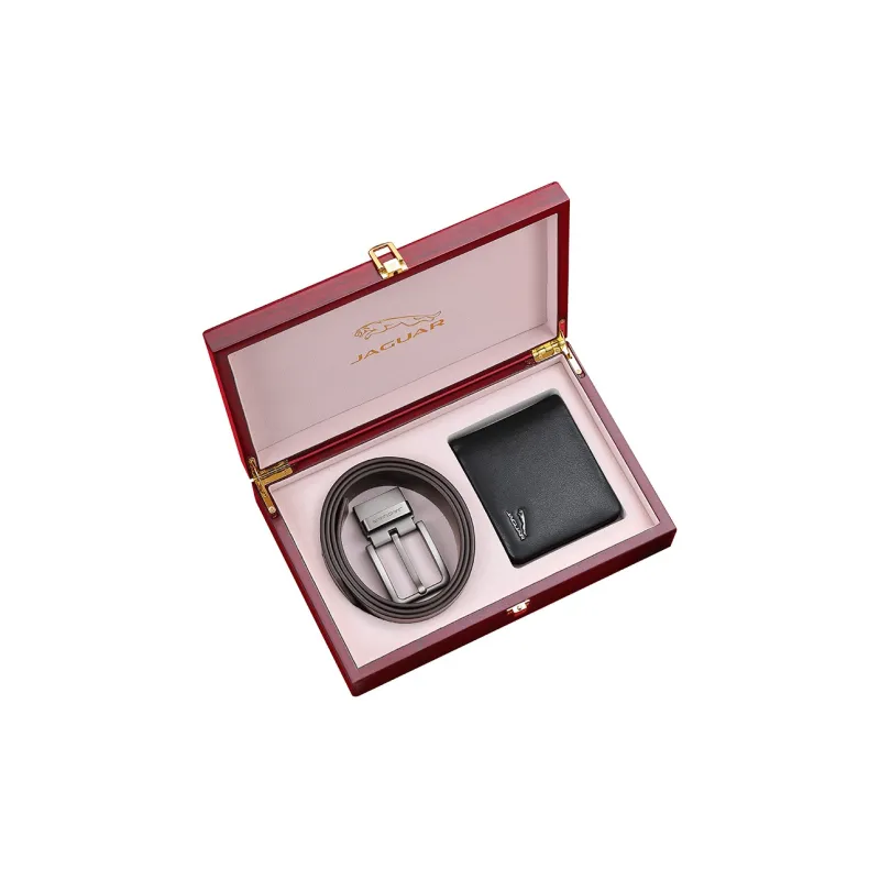 JAGUAR Leather Belts Men Black Belt+Wallet, Gift Box Set-3