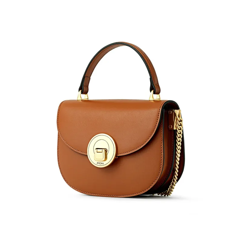 FION Genuine Cow Leather Saddle Bag, Shoulder Bag, Crossbody Bag, Handbag Trumpets Women's Classic Black/Caramel-8