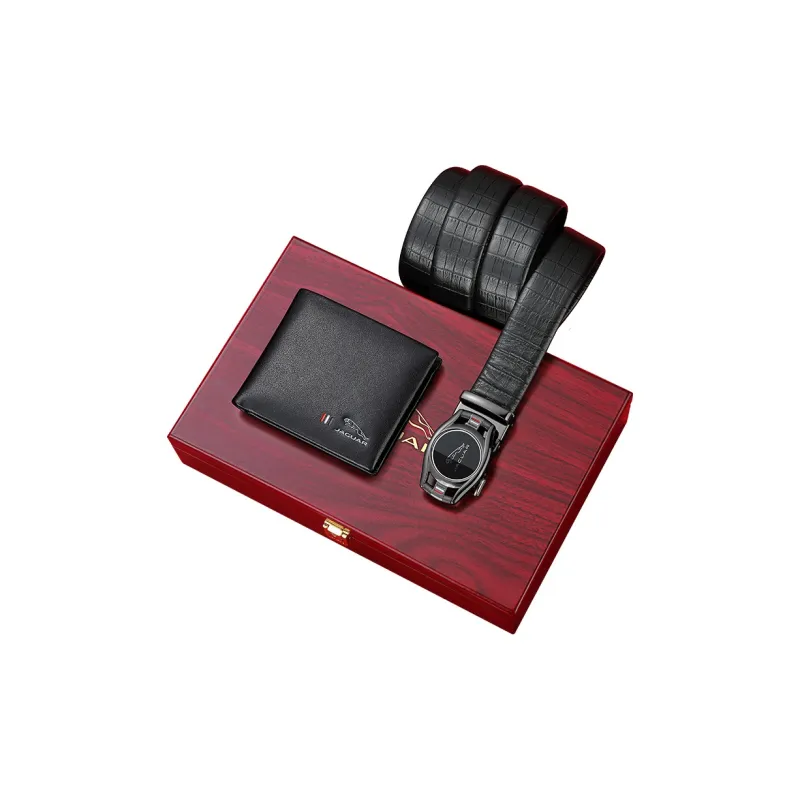 JAGUAR Leather Belts Men Black Belt+Wallet, Gift Box Set-3