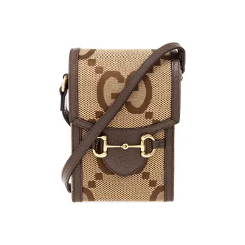 GUCCI Canvas With Leather Cell Phone Pouch, Cigarette Case, Bag, Shoulder Bag, Crossbody Bag Mini Unisex Camel/Ebony