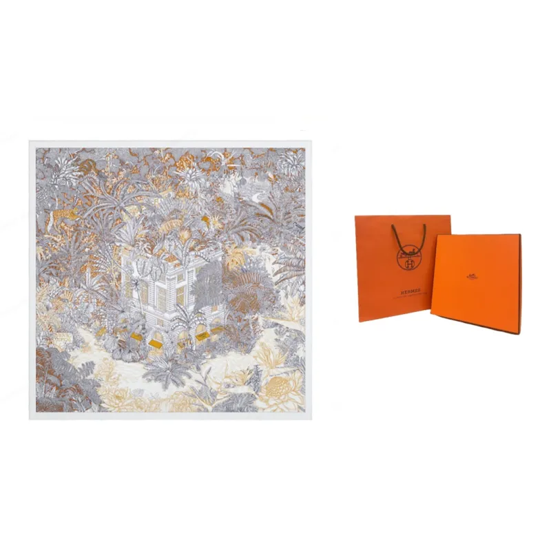HERMES Silk Silk Scarves Women's Dark Brown/White/Caramel-3