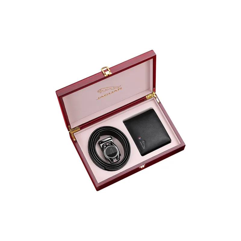 JAGUAR Leather Belts Men Black Belt+Wallet, Gift Box Set-2