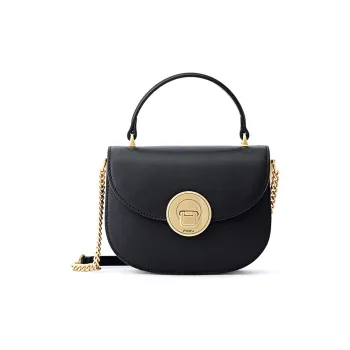 FION Genuine Cow Leather Saddle Bag, Shoulder Bag, Crossbody Bag, Handbag Small Size Women's Classic Black/Caramel