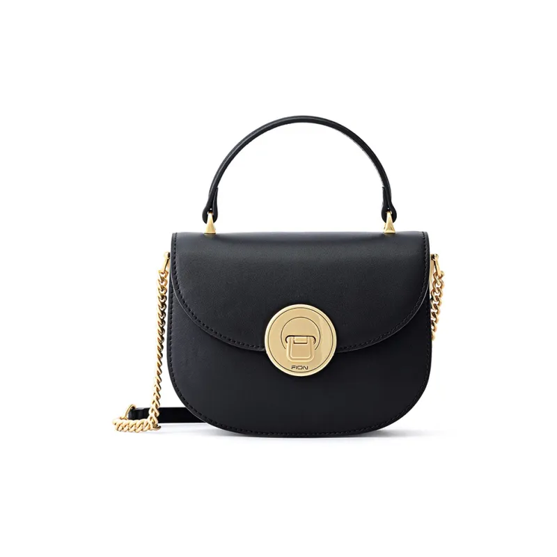 FION Genuine Cow Leather Saddle Bag, Shoulder Bag, Crossbody Bag, Handbag Trumpets Women's Classic Black/Caramel-0