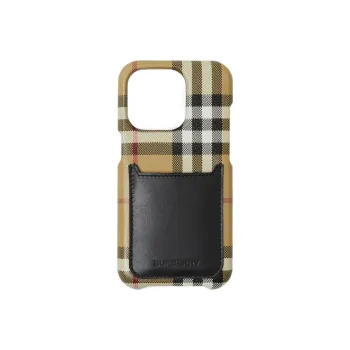 Burberry Cotton With Cow Leather IPhone 14 Pro Cell Phone Protective Cover Bag Accessory Men's Archive Beige