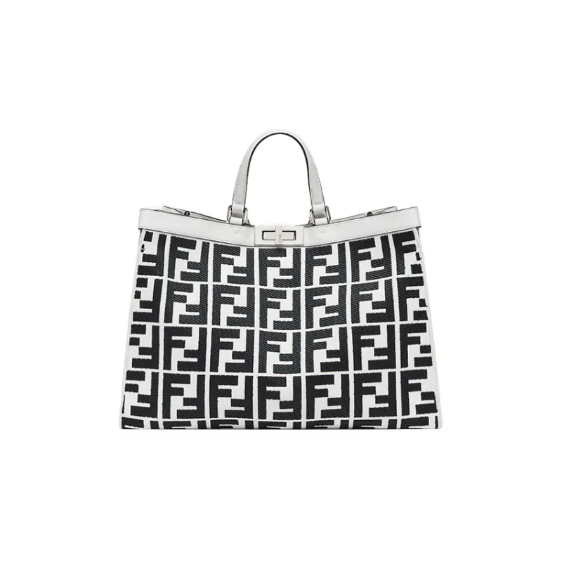 FENDI Canvas Tote Bag Shopping Bag Shoulder Bag Crossbody Bag Handbag Women's White & Black-0