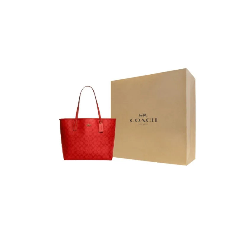 COACH City Coated Canvas With Leather Tote Bag, Shopping Bag, Handbag, Shoulder Bag Women's Miami Red-5