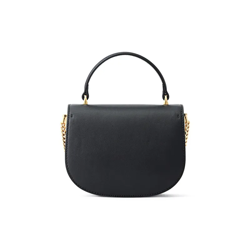 FION Genuine Cow Leather Saddle Bag, Shoulder Bag, Crossbody Bag, Handbag Trumpets Women's Classic Black/Caramel-3