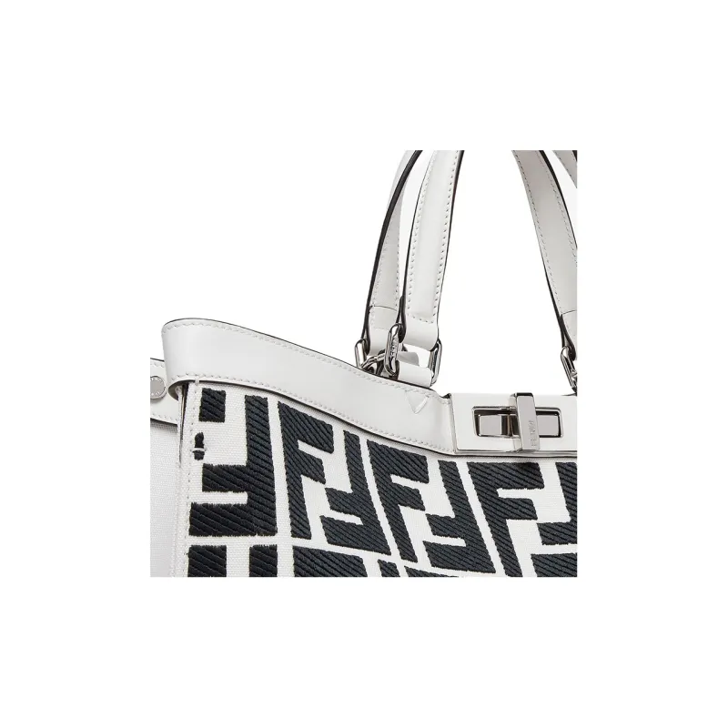 FENDI Canvas Tote Bag Shopping Bag Shoulder Bag Crossbody Bag Handbag Women's White & Black-4