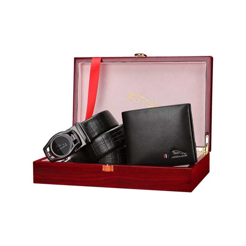 JAGUAR Leather Belts Men Black Belt+Wallet, Gift Box Set-4