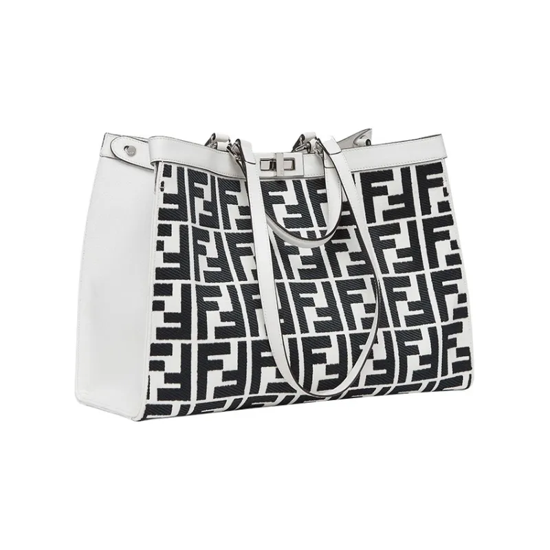 FENDI Canvas Tote Bag Shopping Bag Shoulder Bag Crossbody Bag Handbag Women's White & Black-1