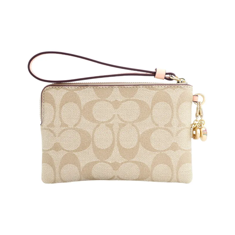 COACH Boxed Coated Canvas With Leather Wrist Bag Clutch Regular Women's Khaki-2