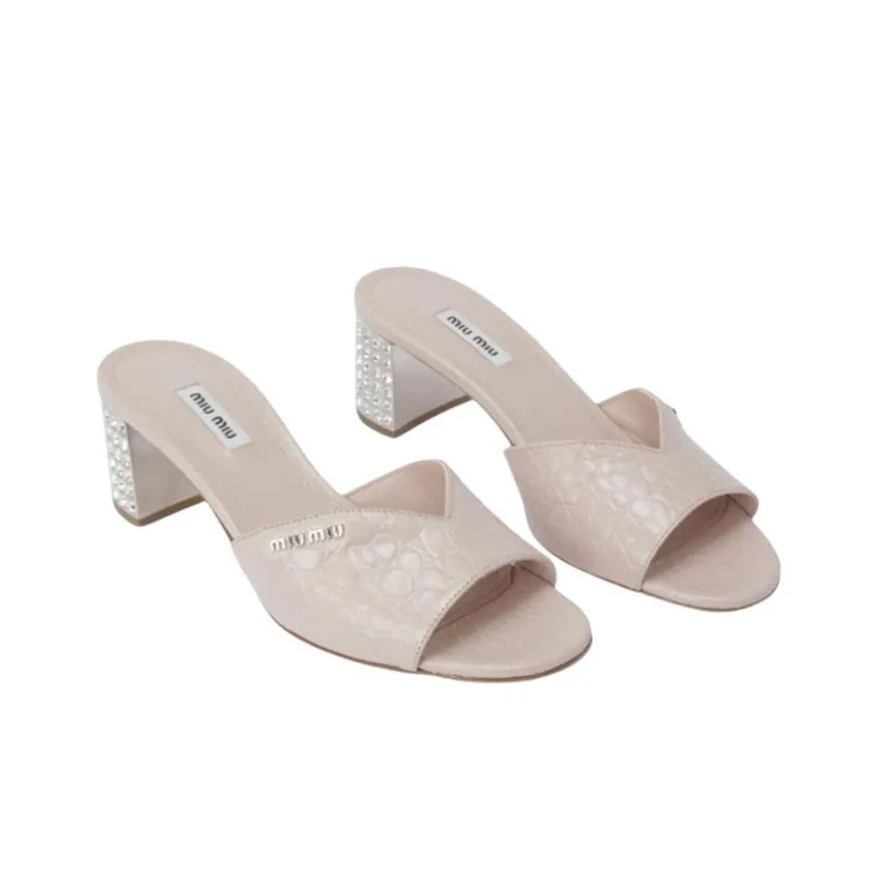 MIU MIU Crocodile Effect Rhinsetone Heel Mules-2