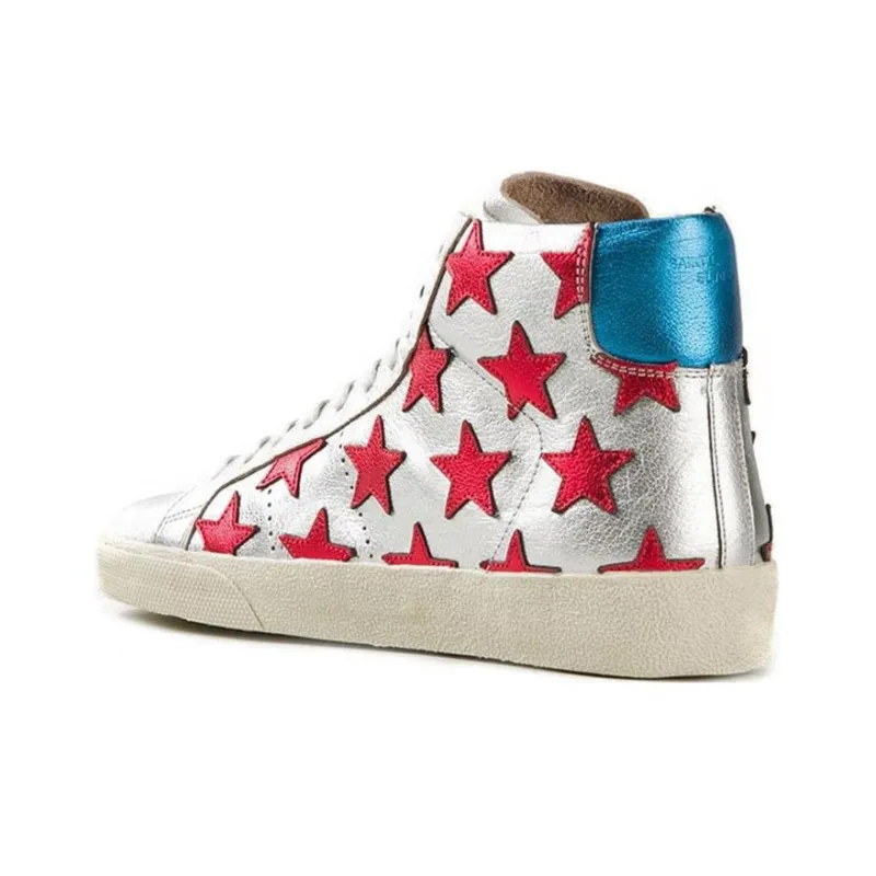 SAINT LAURENT High Top Stylish Skateboarding Shoes Women's Silver Red-2