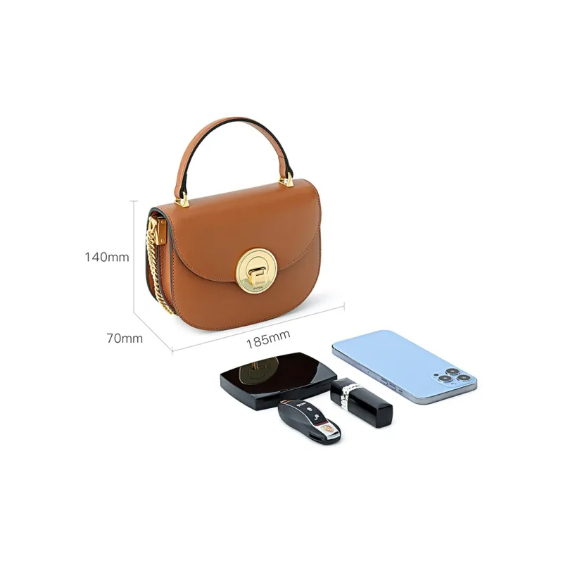 FION Genuine Cow Leather Saddle Bag, Shoulder Bag, Crossbody Bag, Handbag Trumpets Women's Classic Black/Caramel-13