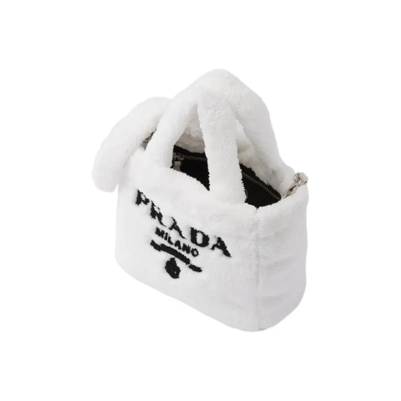 PRADA Embroidered Patchwork Fabric Tote Bag Shopping Bag Handbag Mini Women's Black/White-1