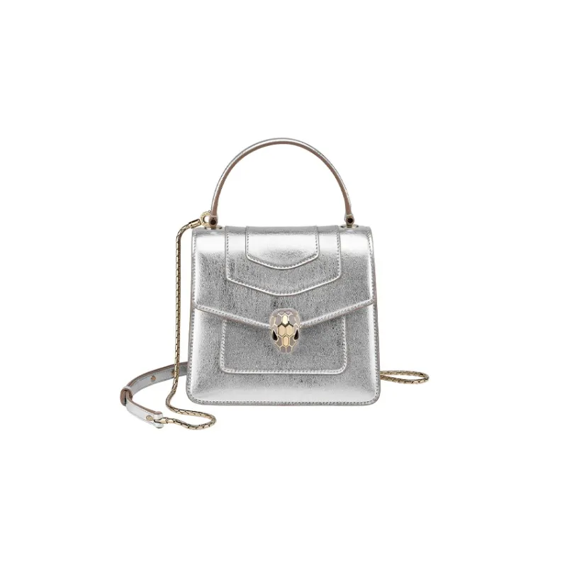 BVLGARI Serpenti Forever Calfskin Shoulder Bag Crossbody Bag Handbag Women's Silver-0
