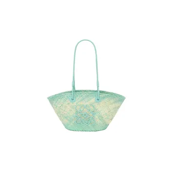 LOEWE Anagram Basket Iraqa Palm Fiber Cow Leather Patchwork Handbag Shoulder Bag Women's Mint Green